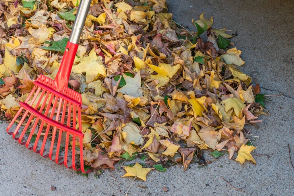 Rechen auf einem Laubhaufen im Herbst
